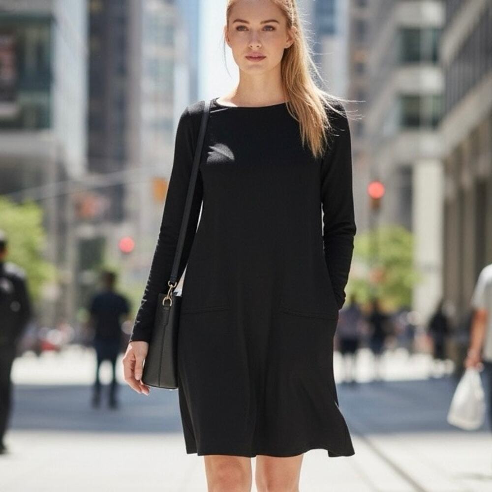 Eileen Fisher Dress Black Stretch Tencel Fleece Women’s Medium